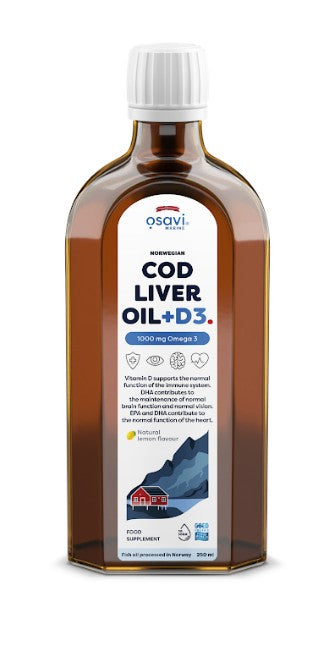 Osavi - Norwegian Cod Liver Oil + D3, 1000mg Omega 3 (Lemon) - 250 ml.